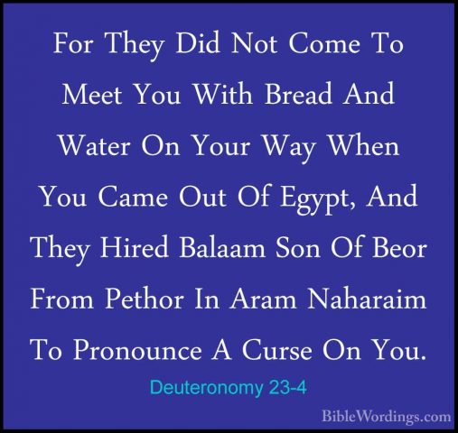 Deuteronomy 23-4 - For They Did Not Come To Meet You With Bread AFor They Did Not Come To Meet You With Bread And Water On Your Way When You Came Out Of Egypt, And They Hired Balaam Son Of Beor From Pethor In Aram Naharaim To Pronounce A Curse On You. 