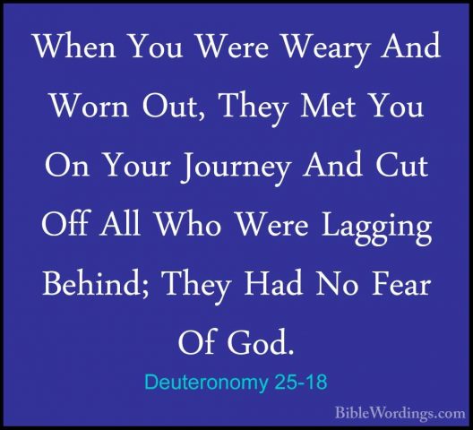 Deuteronomy 25-18 - When You Were Weary And Worn Out, They Met YoWhen You Were Weary And Worn Out, They Met You On Your Journey And Cut Off All Who Were Lagging Behind; They Had No Fear Of God. 