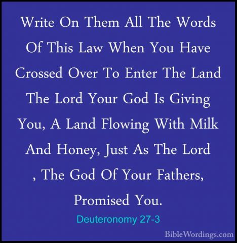 Deuteronomy 27-3 - Write On Them All The Words Of This Law When YWrite On Them All The Words Of This Law When You Have Crossed Over To Enter The Land The Lord Your God Is Giving You, A Land Flowing With Milk And Honey, Just As The Lord , The God Of Your Fathers, Promised You. 
