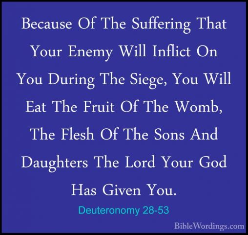 Deuteronomy 28-53 - Because Of The Suffering That Your Enemy WillBecause Of The Suffering That Your Enemy Will Inflict On You During The Siege, You Will Eat The Fruit Of The Womb, The Flesh Of The Sons And Daughters The Lord Your God Has Given You. 