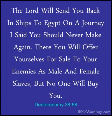 Deuteronomy 28-68 - The Lord Will Send You Back In Ships To EgyptThe Lord Will Send You Back In Ships To Egypt On A Journey I Said You Should Never Make Again. There You Will Offer Yourselves For Sale To Your Enemies As Male And Female Slaves, But No One Will Buy You.