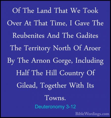 Deuteronomy 3-12 - Of The Land That We Took Over At That Time, IOf The Land That We Took Over At That Time, I Gave The Reubenites And The Gadites The Territory North Of Aroer By The Arnon Gorge, Including Half The Hill Country Of Gilead, Together With Its Towns. 