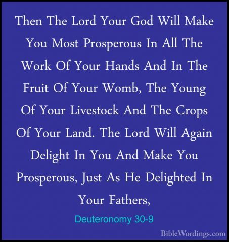 Deuteronomy 30-9 - Then The Lord Your God Will Make You Most ProsThen The Lord Your God Will Make You Most Prosperous In All The Work Of Your Hands And In The Fruit Of Your Womb, The Young Of Your Livestock And The Crops Of Your Land. The Lord Will Again Delight In You And Make You Prosperous, Just As He Delighted In Your Fathers, 
