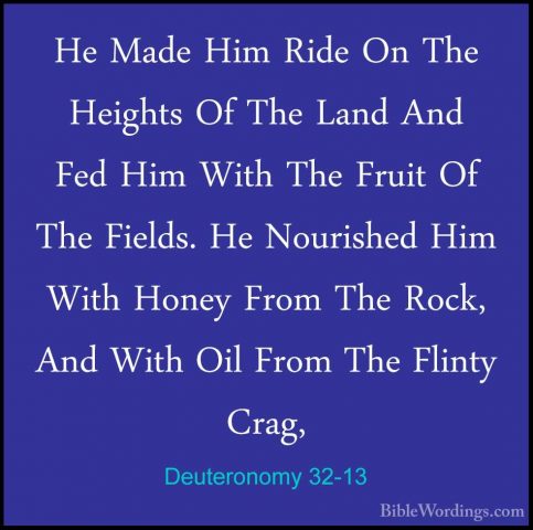 Deuteronomy 32-13 - He Made Him Ride On The Heights Of The Land AHe Made Him Ride On The Heights Of The Land And Fed Him With The Fruit Of The Fields. He Nourished Him With Honey From The Rock, And With Oil From The Flinty Crag, 