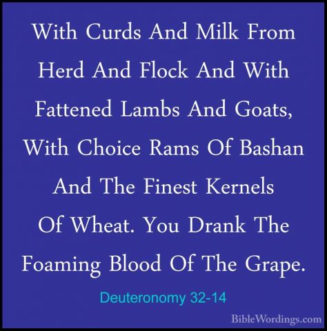Deuteronomy 32-14 - With Curds And Milk From Herd And Flock And WWith Curds And Milk From Herd And Flock And With Fattened Lambs And Goats, With Choice Rams Of Bashan And The Finest Kernels Of Wheat. You Drank The Foaming Blood Of The Grape. 