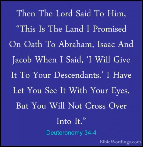 Deuteronomy 34-4 - Then The Lord Said To Him, "This Is The Land IThen The Lord Said To Him, "This Is The Land I Promised On Oath To Abraham, Isaac And Jacob When I Said, 'I Will Give It To Your Descendants.' I Have Let You See It With Your Eyes, But You Will Not Cross Over Into It." 