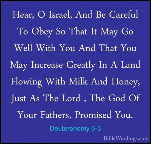 Deuteronomy 6-3 - Hear, O Israel, And Be Careful To Obey So ThatHear, O Israel, And Be Careful To Obey So That It May Go Well With You And That You May Increase Greatly In A Land Flowing With Milk And Honey, Just As The Lord , The God Of Your Fathers, Promised You. 