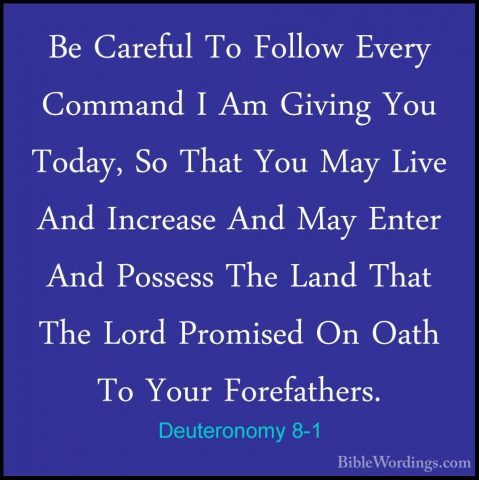 Deuteronomy 8-1 - Be Careful To Follow Every Command I Am GivingBe Careful To Follow Every Command I Am Giving You Today, So That You May Live And Increase And May Enter And Possess The Land That The Lord Promised On Oath To Your Forefathers. 