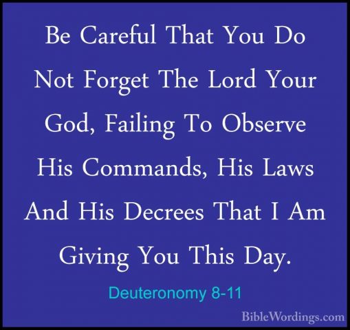 Deuteronomy 8-11 - Be Careful That You Do Not Forget The Lord YouBe Careful That You Do Not Forget The Lord Your God, Failing To Observe His Commands, His Laws And His Decrees That I Am Giving You This Day. 