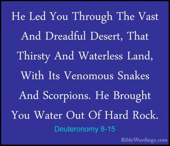 Deuteronomy 8-15 - He Led You Through The Vast And Dreadful DeserHe Led You Through The Vast And Dreadful Desert, That Thirsty And Waterless Land, With Its Venomous Snakes And Scorpions. He Brought You Water Out Of Hard Rock. 