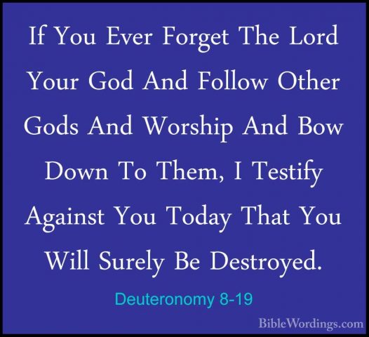 Deuteronomy 8-19 - If You Ever Forget The Lord Your God And FolloIf You Ever Forget The Lord Your God And Follow Other Gods And Worship And Bow Down To Them, I Testify Against You Today That You Will Surely Be Destroyed. 