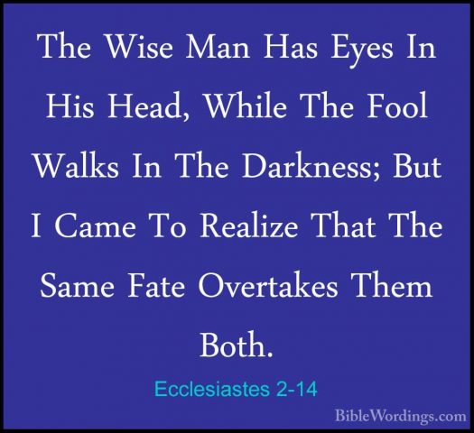 Ecclesiastes 2-14 - The Wise Man Has Eyes In His Head, While TheThe Wise Man Has Eyes In His Head, While The Fool Walks In The Darkness; But I Came To Realize That The Same Fate Overtakes Them Both. 