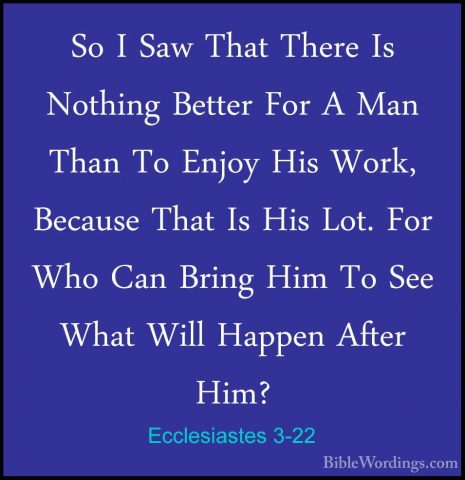 Ecclesiastes 3-22 - So I Saw That There Is Nothing Better For A MSo I Saw That There Is Nothing Better For A Man Than To Enjoy His Work, Because That Is His Lot. For Who Can Bring Him To See What Will Happen After Him?