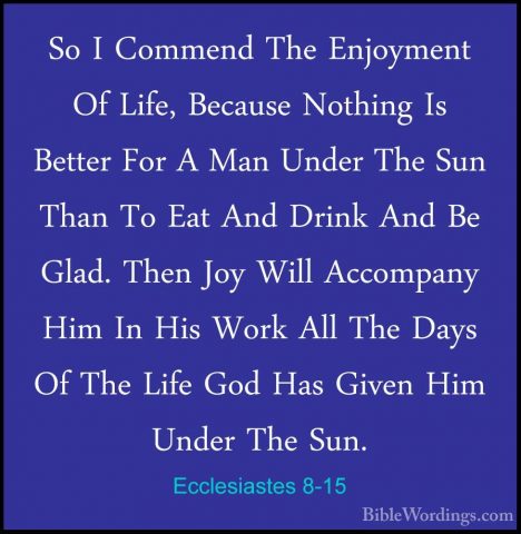 Ecclesiastes 8-15 - So I Commend The Enjoyment Of Life, Because NSo I Commend The Enjoyment Of Life, Because Nothing Is Better For A Man Under The Sun Than To Eat And Drink And Be Glad. Then Joy Will Accompany Him In His Work All The Days Of The Life God Has Given Him Under The Sun. 