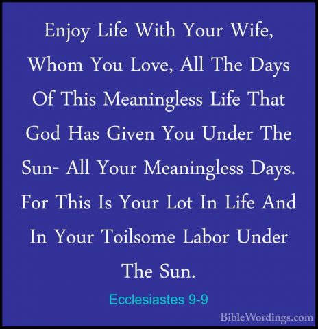 Ecclesiastes 9-9 - Enjoy Life With Your Wife, Whom You Love, AllEnjoy Life With Your Wife, Whom You Love, All The Days Of This Meaningless Life That God Has Given You Under The Sun- All Your Meaningless Days. For This Is Your Lot In Life And In Your Toilsome Labor Under The Sun. 