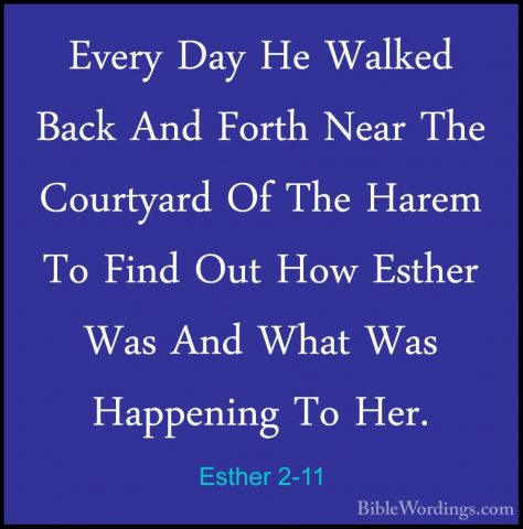 Esther 2-11 - Every Day He Walked Back And Forth Near The CourtyaEvery Day He Walked Back And Forth Near The Courtyard Of The Harem To Find Out How Esther Was And What Was Happening To Her. 