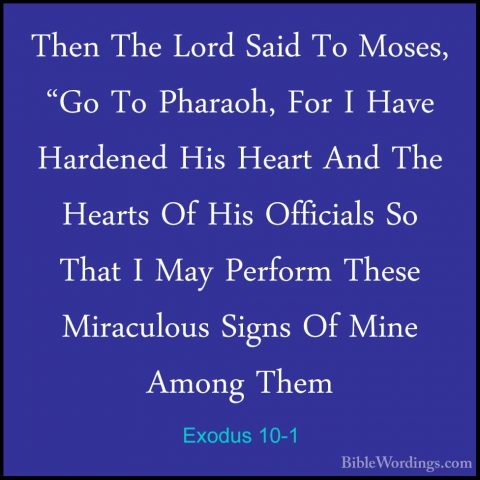 Exodus 10-1 - Then The Lord Said To Moses, "Go To Pharaoh, For IThen The Lord Said To Moses, "Go To Pharaoh, For I Have Hardened His Heart And The Hearts Of His Officials So That I May Perform These Miraculous Signs Of Mine Among Them 