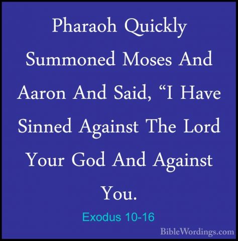 Exodus 10-16 - Pharaoh Quickly Summoned Moses And Aaron And Said,Pharaoh Quickly Summoned Moses And Aaron And Said, "I Have Sinned Against The Lord Your God And Against You. 