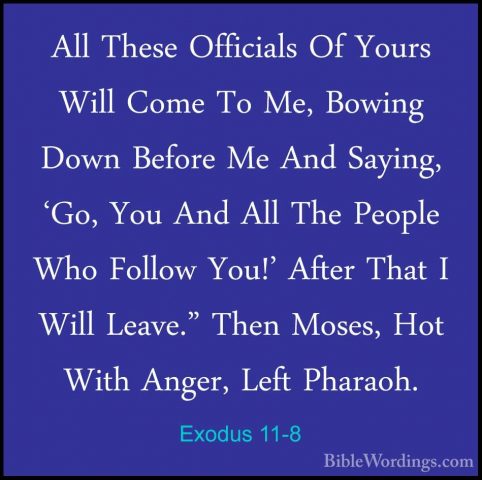 Exodus 11-8 - All These Officials Of Yours Will Come To Me, BowinAll These Officials Of Yours Will Come To Me, Bowing Down Before Me And Saying, 'Go, You And All The People Who Follow You!' After That I Will Leave." Then Moses, Hot With Anger, Left Pharaoh. 
