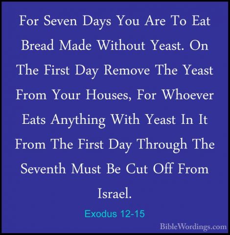 Exodus 12-15 - For Seven Days You Are To Eat Bread Made Without YFor Seven Days You Are To Eat Bread Made Without Yeast. On The First Day Remove The Yeast From Your Houses, For Whoever Eats Anything With Yeast In It From The First Day Through The Seventh Must Be Cut Off From Israel. 