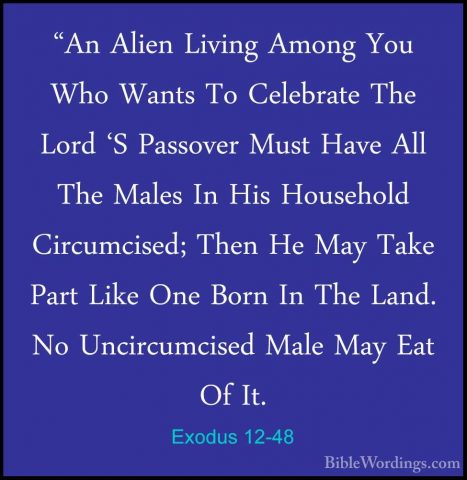 Exodus 12-48 - "An Alien Living Among You Who Wants To Celebrate"An Alien Living Among You Who Wants To Celebrate The Lord 'S Passover Must Have All The Males In His Household Circumcised; Then He May Take Part Like One Born In The Land. No Uncircumcised Male May Eat Of It. 