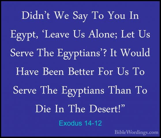 Exodus 14-12 - Didn't We Say To You In Egypt, 'Leave Us Alone; LeDidn't We Say To You In Egypt, 'Leave Us Alone; Let Us Serve The Egyptians'? It Would Have Been Better For Us To Serve The Egyptians Than To Die In The Desert!" 
