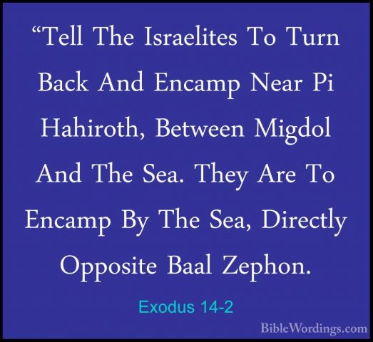 Exodus 14-2 - "Tell The Israelites To Turn Back And Encamp Near P"Tell The Israelites To Turn Back And Encamp Near Pi Hahiroth, Between Migdol And The Sea. They Are To Encamp By The Sea, Directly Opposite Baal Zephon. 