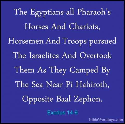 Exodus 14-9 - The Egyptians-all Pharaoh's Horses And Chariots, HoThe Egyptians-all Pharaoh's Horses And Chariots, Horsemen And Troops-pursued The Israelites And Overtook Them As They Camped By The Sea Near Pi Hahiroth, Opposite Baal Zephon. 