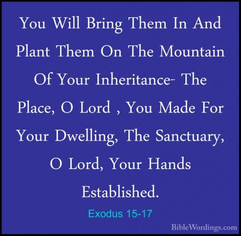 Exodus 15-17 - You Will Bring Them In And Plant Them On The MountYou Will Bring Them In And Plant Them On The Mountain Of Your Inheritance- The Place, O Lord , You Made For Your Dwelling, The Sanctuary, O Lord, Your Hands Established. 