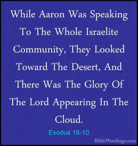 Exodus 16-10 - While Aaron Was Speaking To The Whole Israelite CoWhile Aaron Was Speaking To The Whole Israelite Community, They Looked Toward The Desert, And There Was The Glory Of The Lord Appearing In The Cloud. 