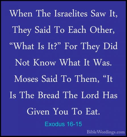 Exodus 16-15 - When The Israelites Saw It, They Said To Each OtheWhen The Israelites Saw It, They Said To Each Other, "What Is It?" For They Did Not Know What It Was. Moses Said To Them, "It Is The Bread The Lord Has Given You To Eat. 
