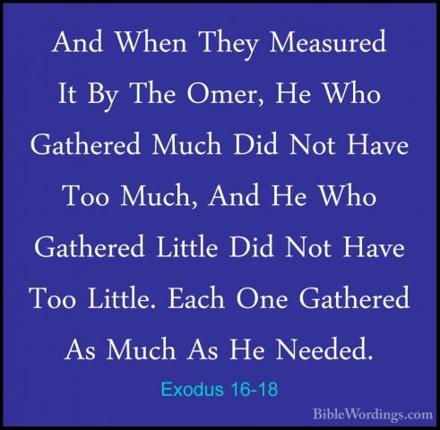 Exodus 16-18 - And When They Measured It By The Omer, He Who GathAnd When They Measured It By The Omer, He Who Gathered Much Did Not Have Too Much, And He Who Gathered Little Did Not Have Too Little. Each One Gathered As Much As He Needed. 