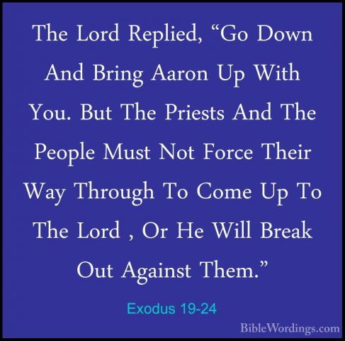 Exodus 19-24 - The Lord Replied, "Go Down And Bring Aaron Up WithThe Lord Replied, "Go Down And Bring Aaron Up With You. But The Priests And The People Must Not Force Their Way Through To Come Up To The Lord , Or He Will Break Out Against Them." 