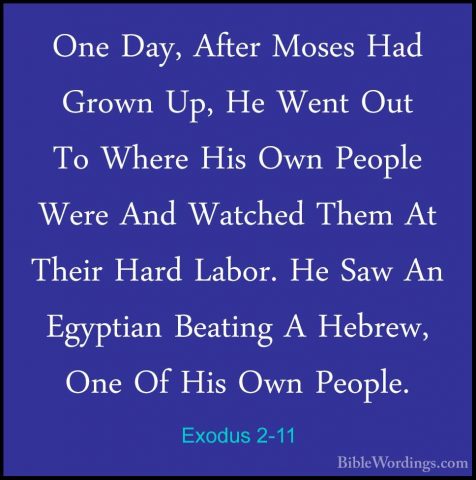 Exodus 2-11 - One Day, After Moses Had Grown Up, He Went Out To WOne Day, After Moses Had Grown Up, He Went Out To Where His Own People Were And Watched Them At Their Hard Labor. He Saw An Egyptian Beating A Hebrew, One Of His Own People. 
