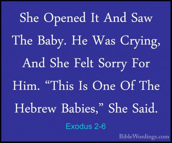 Exodus 2-6 - She Opened It And Saw The Baby. He Was Crying, And SShe Opened It And Saw The Baby. He Was Crying, And She Felt Sorry For Him. "This Is One Of The Hebrew Babies," She Said. 