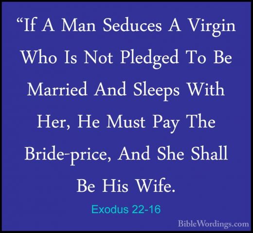 Exodus 22-16 - "If A Man Seduces A Virgin Who Is Not Pledged To B"If A Man Seduces A Virgin Who Is Not Pledged To Be Married And Sleeps With Her, He Must Pay The Bride-price, And She Shall Be His Wife. 