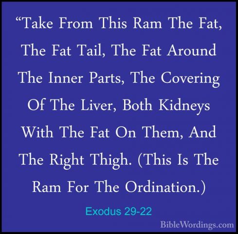 Exodus 29-22 - "Take From This Ram The Fat, The Fat Tail, The Fat"Take From This Ram The Fat, The Fat Tail, The Fat Around The Inner Parts, The Covering Of The Liver, Both Kidneys With The Fat On Them, And The Right Thigh. (This Is The Ram For The Ordination.) 