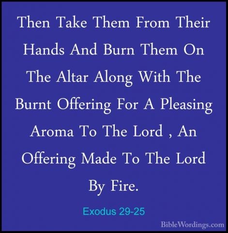 Exodus 29-25 - Then Take Them From Their Hands And Burn Them On TThen Take Them From Their Hands And Burn Them On The Altar Along With The Burnt Offering For A Pleasing Aroma To The Lord , An Offering Made To The Lord By Fire. 