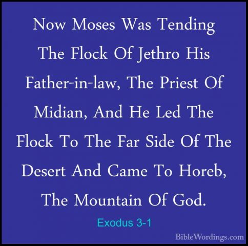 Exodus 3-1 - Now Moses Was Tending The Flock Of Jethro His FatherNow Moses Was Tending The Flock Of Jethro His Father-in-law, The Priest Of Midian, And He Led The Flock To The Far Side Of The Desert And Came To Horeb, The Mountain Of God. 