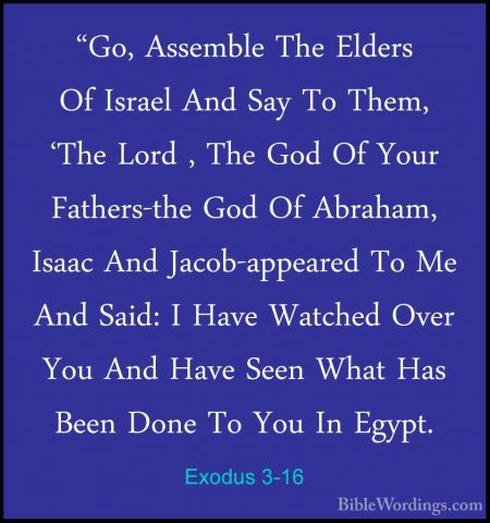 Exodus 3-16 - "Go, Assemble The Elders Of Israel And Say To Them,"Go, Assemble The Elders Of Israel And Say To Them, 'The Lord , The God Of Your Fathers-the God Of Abraham, Isaac And Jacob-appeared To Me And Said: I Have Watched Over You And Have Seen What Has Been Done To You In Egypt. 