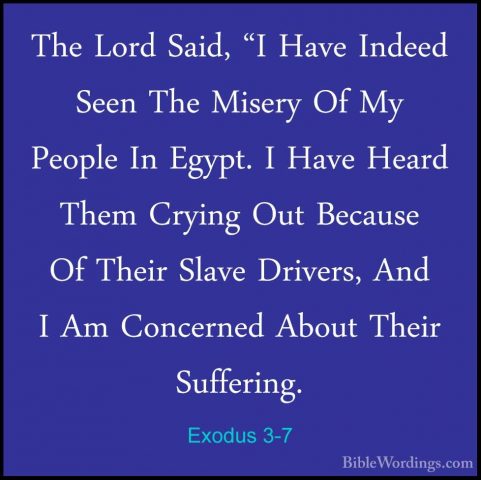 Exodus 3-7 - The Lord Said, "I Have Indeed Seen The Misery Of MyThe Lord Said, "I Have Indeed Seen The Misery Of My People In Egypt. I Have Heard Them Crying Out Because Of Their Slave Drivers, And I Am Concerned About Their Suffering. 