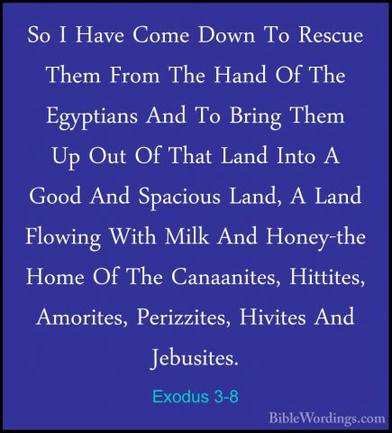 Exodus 3-8 - So I Have Come Down To Rescue Them From The Hand OfSo I Have Come Down To Rescue Them From The Hand Of The Egyptians And To Bring Them Up Out Of That Land Into A Good And Spacious Land, A Land Flowing With Milk And Honey-the Home Of The Canaanites, Hittites, Amorites, Perizzites, Hivites And Jebusites. 