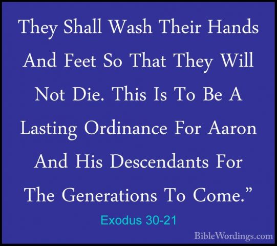 Exodus 30-21 - They Shall Wash Their Hands And Feet So That TheyThey Shall Wash Their Hands And Feet So That They Will Not Die. This Is To Be A Lasting Ordinance For Aaron And His Descendants For The Generations To Come." 