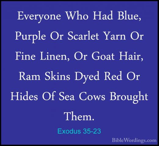 Exodus 35-23 - Everyone Who Had Blue, Purple Or Scarlet Yarn Or FEveryone Who Had Blue, Purple Or Scarlet Yarn Or Fine Linen, Or Goat Hair, Ram Skins Dyed Red Or Hides Of Sea Cows Brought Them. 