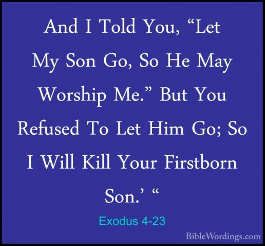 Exodus 4-23 - And I Told You, "Let My Son Go, So He May Worship MAnd I Told You, "Let My Son Go, So He May Worship Me." But You Refused To Let Him Go; So I Will Kill Your Firstborn Son.' " 
