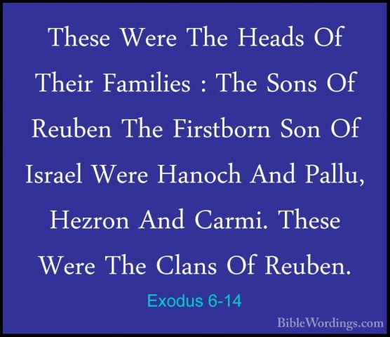 Exodus 6-14 - These Were The Heads Of Their Families : The Sons OThese Were The Heads Of Their Families : The Sons Of Reuben The Firstborn Son Of Israel Were Hanoch And Pallu, Hezron And Carmi. These Were The Clans Of Reuben. 