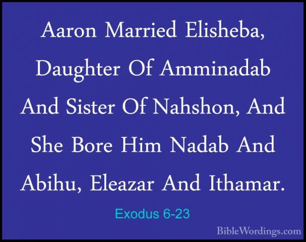 Exodus 6-23 - Aaron Married Elisheba, Daughter Of Amminadab And SAaron Married Elisheba, Daughter Of Amminadab And Sister Of Nahshon, And She Bore Him Nadab And Abihu, Eleazar And Ithamar. 