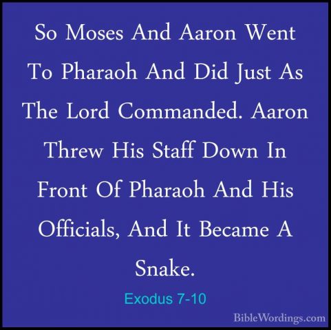 Exodus 7-10 - So Moses And Aaron Went To Pharaoh And Did Just AsSo Moses And Aaron Went To Pharaoh And Did Just As The Lord Commanded. Aaron Threw His Staff Down In Front Of Pharaoh And His Officials, And It Became A Snake. 