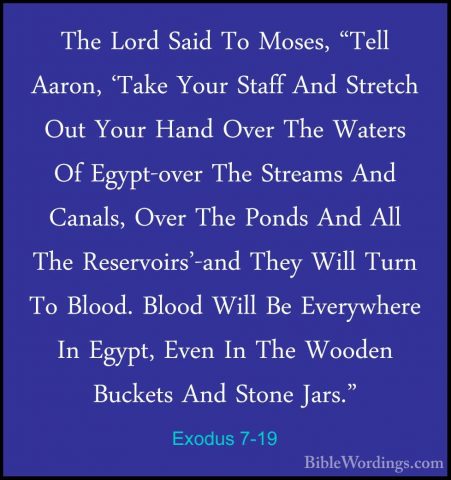 Exodus 7-19 - The Lord Said To Moses, "Tell Aaron, 'Take Your StaThe Lord Said To Moses, "Tell Aaron, 'Take Your Staff And Stretch Out Your Hand Over The Waters Of Egypt-over The Streams And Canals, Over The Ponds And All The Reservoirs'-and They Will Turn To Blood. Blood Will Be Everywhere In Egypt, Even In The Wooden Buckets And Stone Jars." 