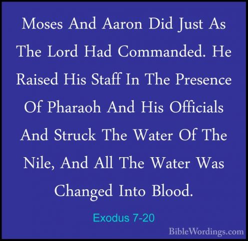 Exodus 7-20 - Moses And Aaron Did Just As The Lord Had Commanded.Moses And Aaron Did Just As The Lord Had Commanded. He Raised His Staff In The Presence Of Pharaoh And His Officials And Struck The Water Of The Nile, And All The Water Was Changed Into Blood. 